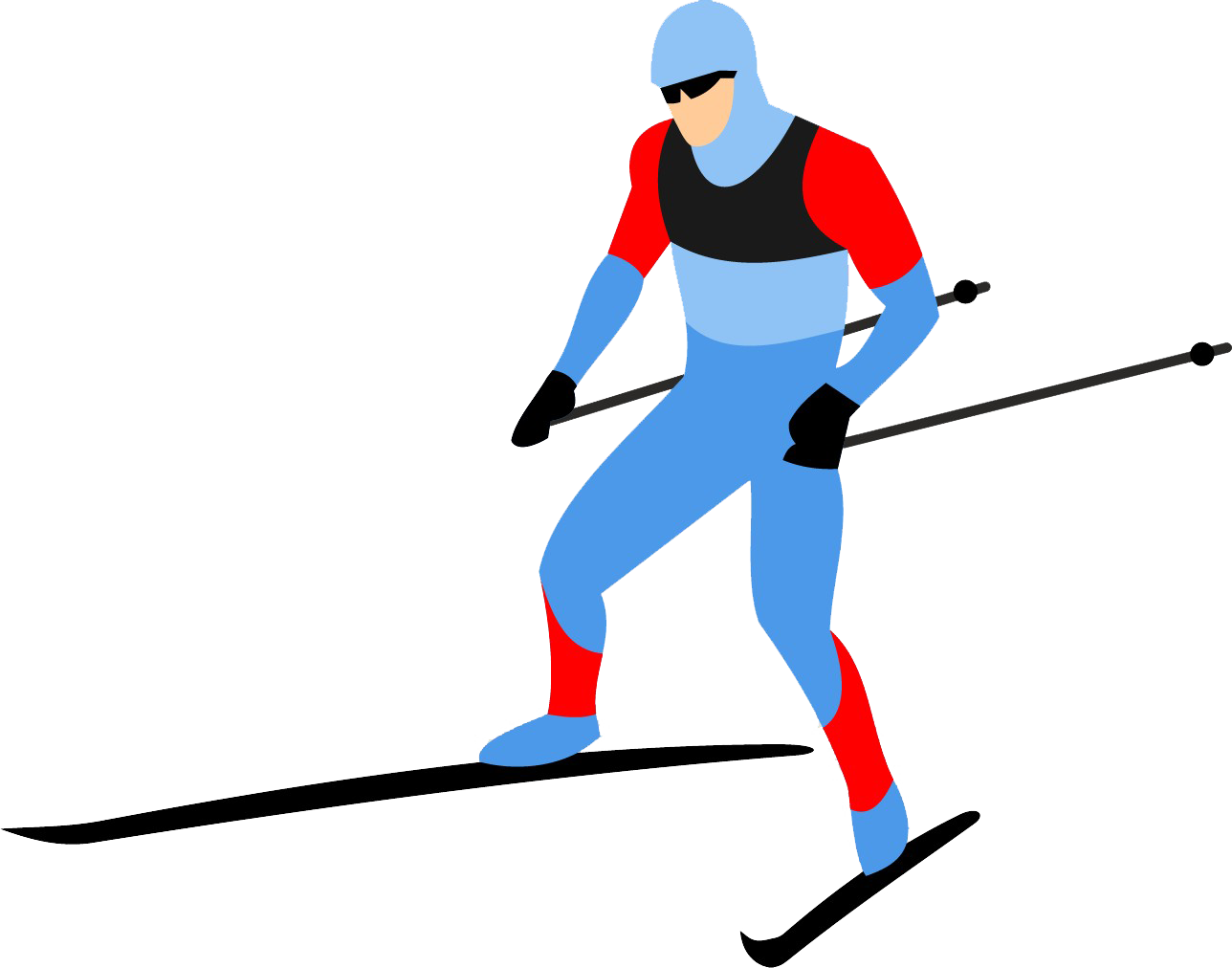 ski 桌布 壁紙 — 一個風格化的滑雪者，身穿藍、紅、黑色裝備，手持雪杖，在純白背景上向前滑行。