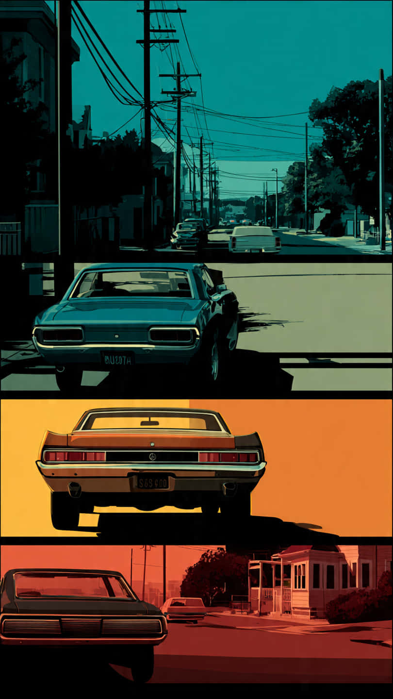 70s vintage cars 壁紙 — 一個風格化的漫畫書分割圖像，顯示三輛復古汽車在不同色調中，背景為城市街道。