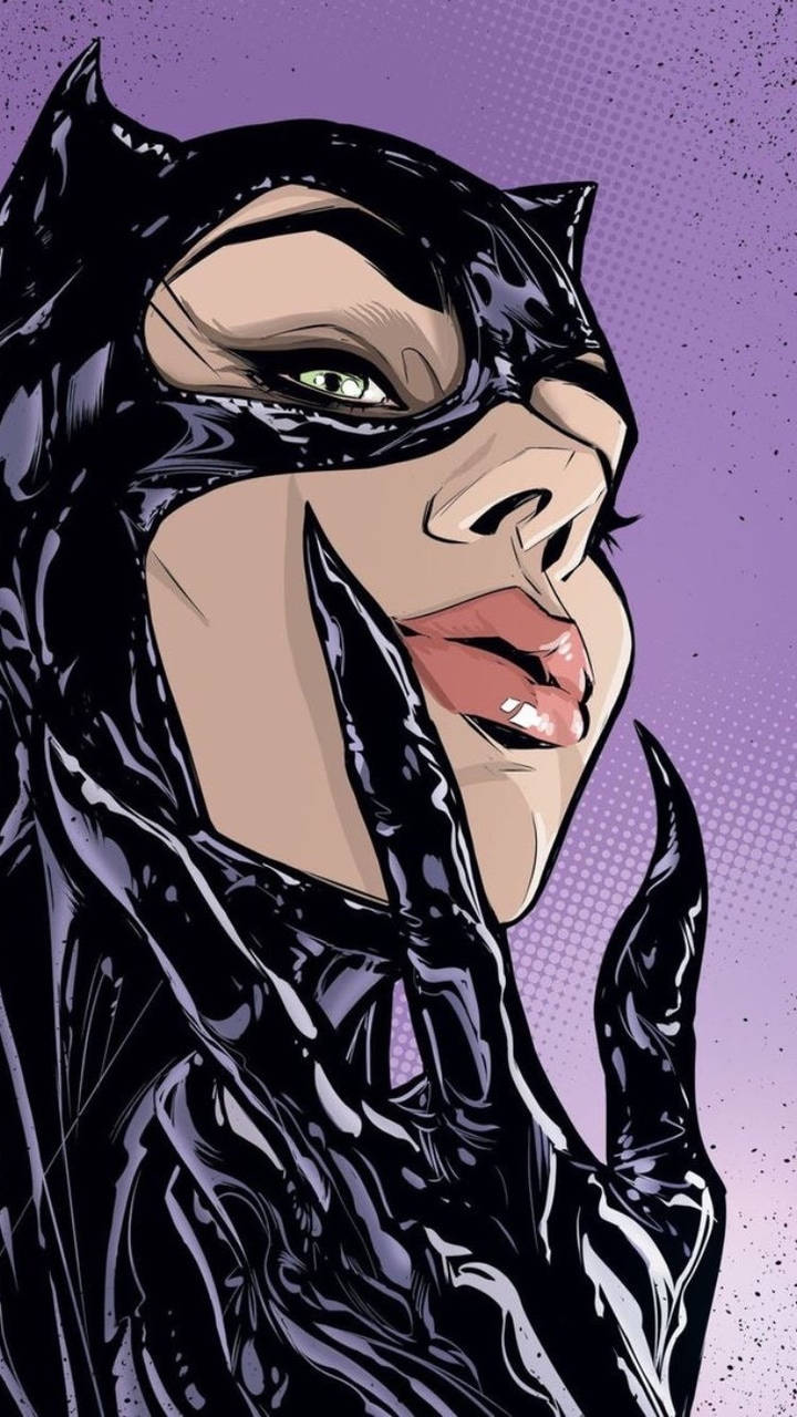 Catwoman 桌布 壁紙 — 一個風格化的漫畫書肖像，貓女擁有綠色眼睛和鋒利爪子，背景為紫色半色調。