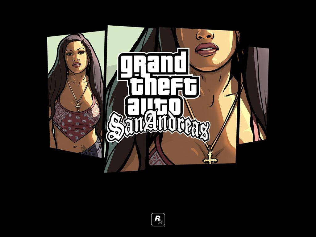 GTA 聖安地列斯 桌布 壁紙 — 一個風格化的漫畫肖像，描繪一位長黑髮、戴十字架項鍊的女性，並以《Grand Theft Auto San Andreas》標誌框住。