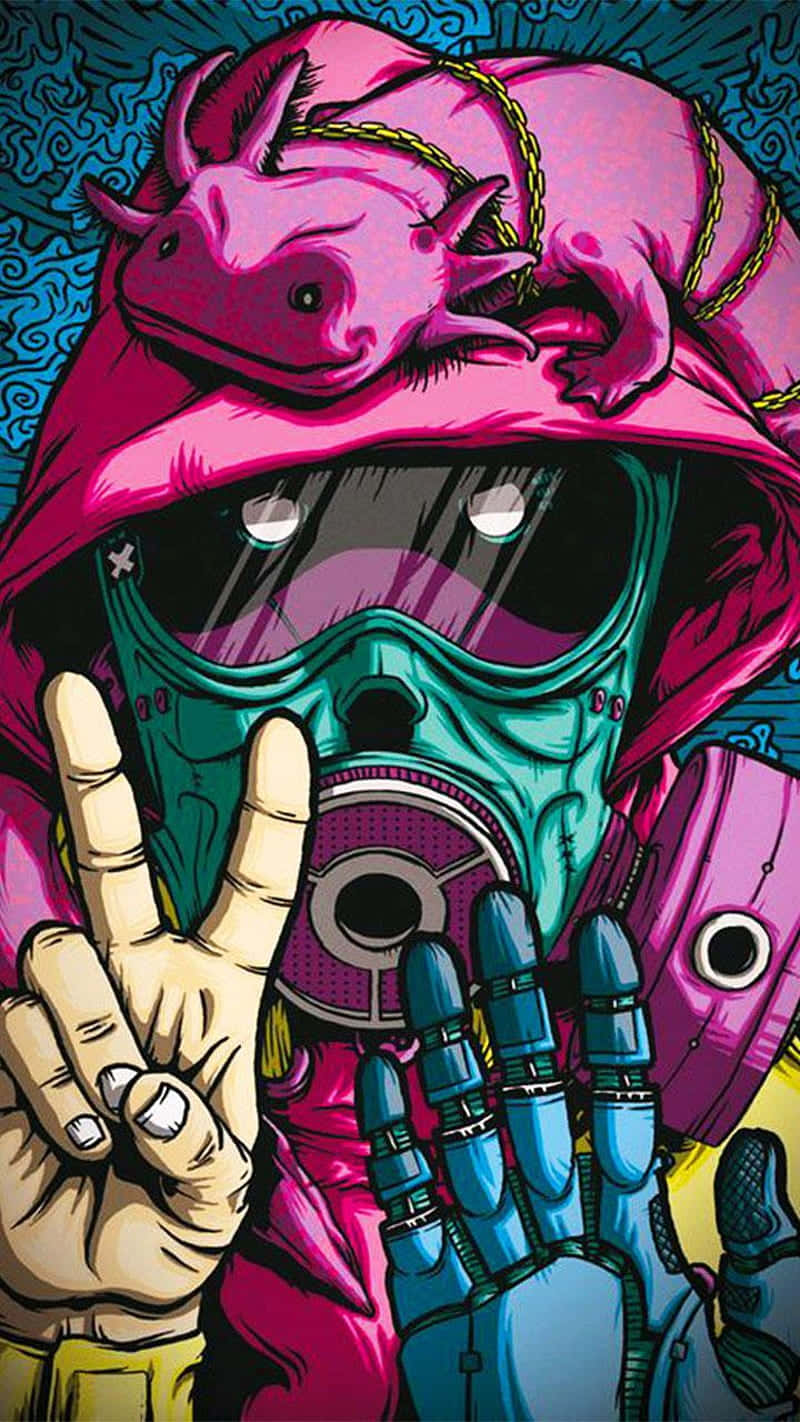 桌布 壁紙 — 一個風格化的漫畫角色，穿著粉紅色連帽衫和青綠色防毒面具，一手做出和平手勢，另一手拿著機械手。