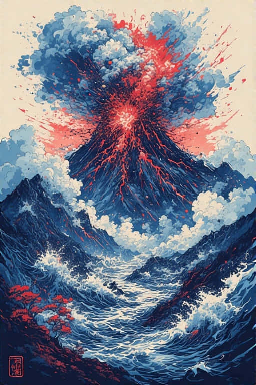 Stunning Volcanic Eruption in Ukiyo 4K 壁紙 — 一個風格化的火山爆發，帶有紅色熔岩和藍色雲朵，主導著一個有波濤洶湧的海浪和紅色樹木的山區海景。