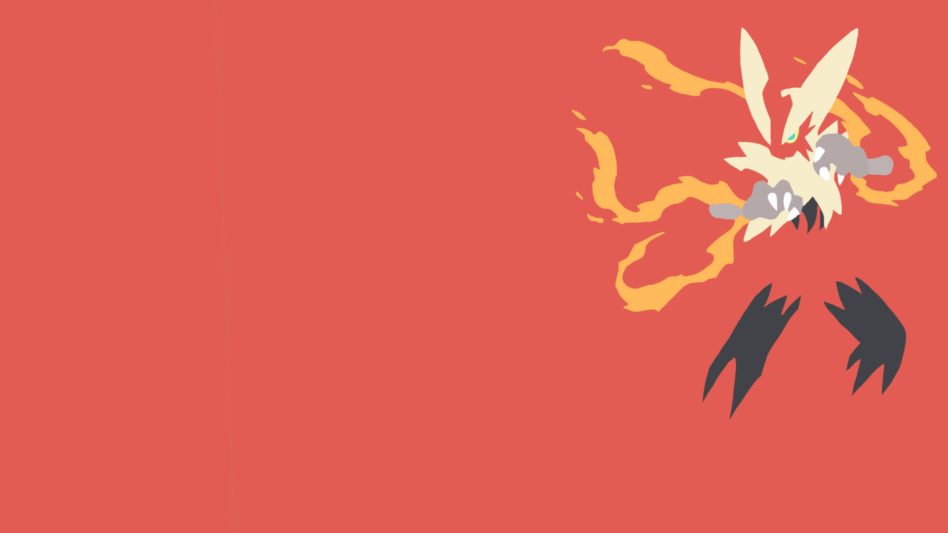 Blaziken 桌布 壁紙 — 一個風格化的火焰生物，帶有發光的橙色火焰和鋒利的黑色爪子，在純珊瑚紅背景上動態爆發。