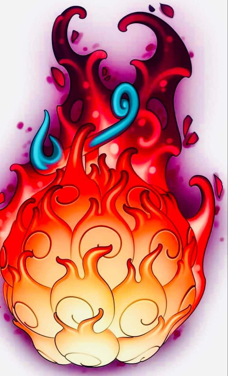 Gomu Gomu No Mi 桌布 壁紙 — 一個風格化的火球，帶有旋轉的紅橙色火焰和兩個藍色淚滴形狀，背景為紫色漸層。