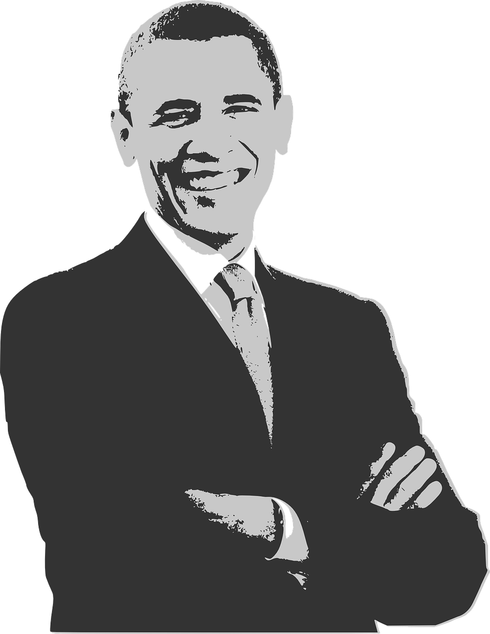 obama 桌布 壁紙 — 一個風格化的灰度肖像，巴拉克·歐巴馬微笑著交叉雙臂，背景為黑色。