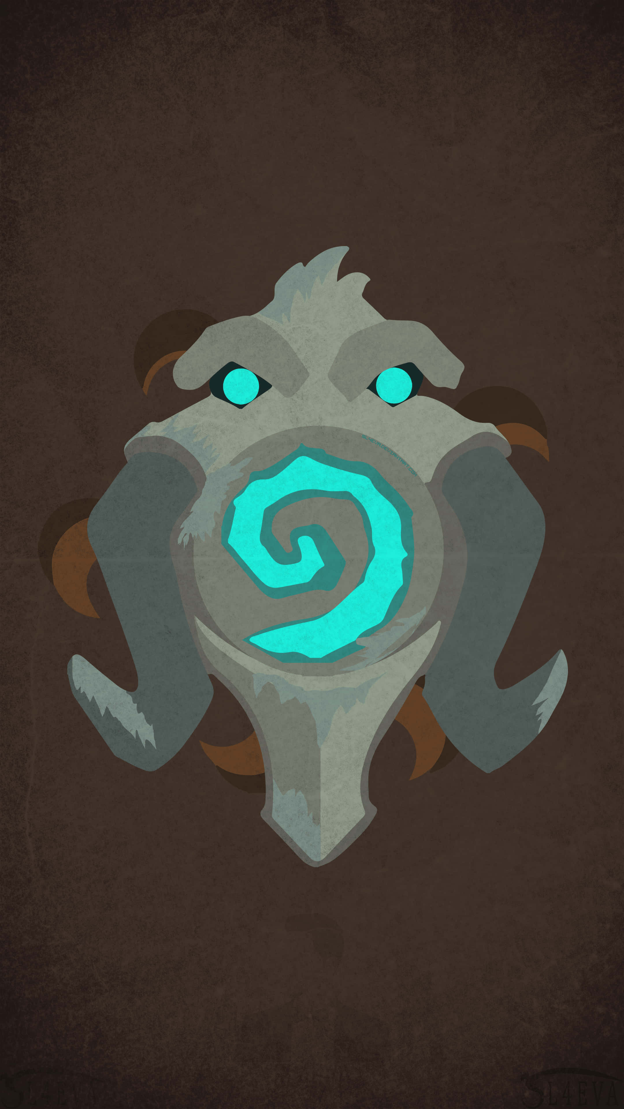 iPhone X Hearthstone 桌布 壁紙 — 一個風格化的灰色石面具，帶有發光的青色眼睛和螺旋標誌，背景為有紋理的棕色。