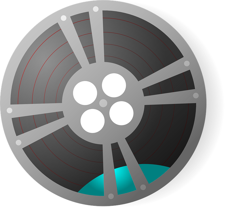 Film Reel 桌布 壁紙 — 一個風格化的灰色膠片捲盤，帶有紅色同心圓線條和底部青綠色部分，背景為黑色。