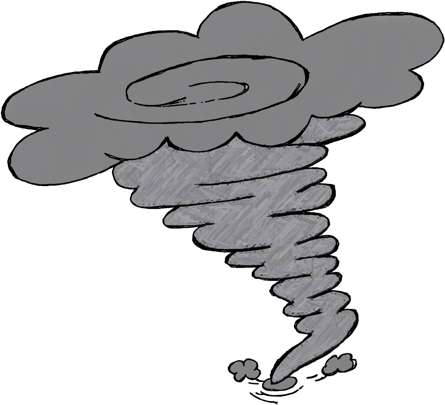 龍捲風 桌布 壁紙 — 一個風格化的灰色龍捲風，帶有旋轉的線條，從雲層中降下，背景為黑色。