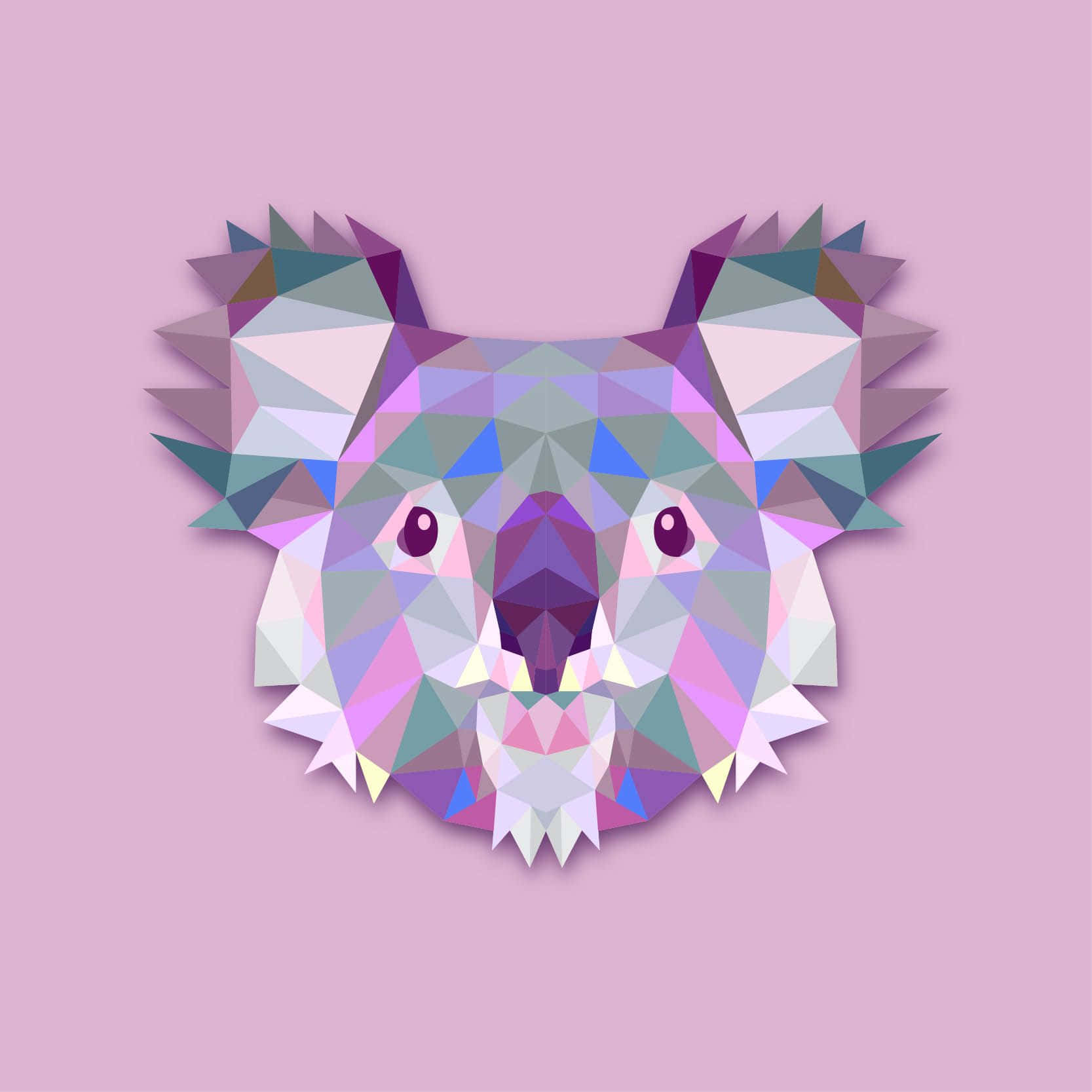 Koala 桌布 壁紙 — 一個風格化的無尾熊頭部，由彩色幾何三角形組成，背景為柔和粉紅色。