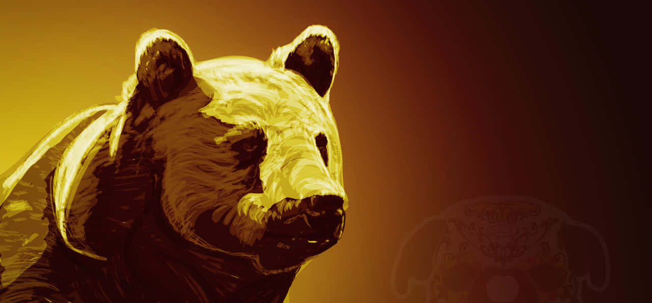 Cool Bear 桌布 壁紙 — 一個風格化的熊頭，採用溫暖的金色色調，背景有模糊的大象剪影。