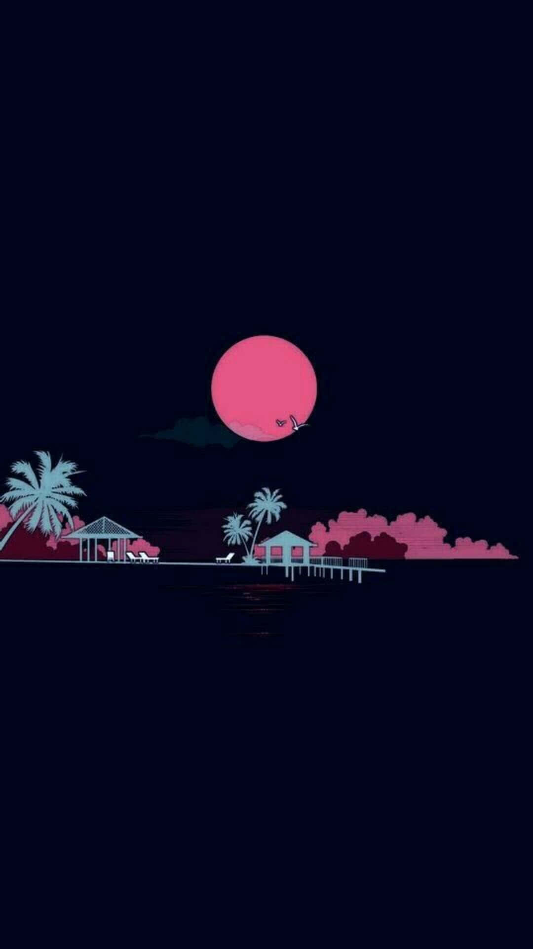 島嶼 桌布 壁紙 — 一個風格化的熱帶夜景，粉紅色的月亮在水面上，棕櫚樹和帶有房屋的碼頭。