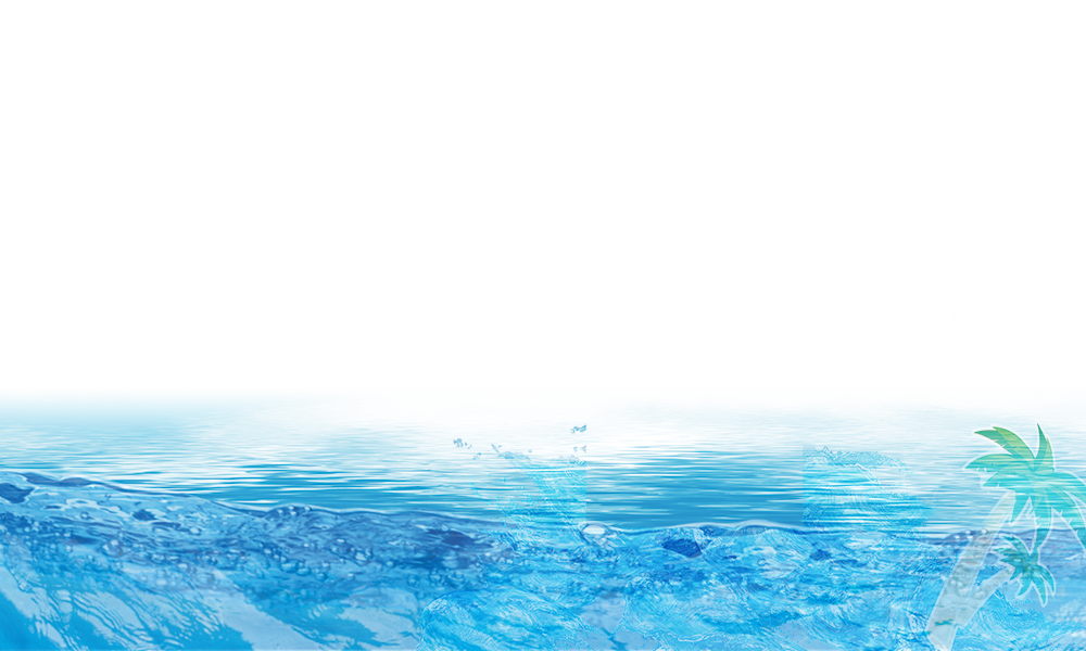 水下動畫 桌布 壁紙 — 一個風格化的熱帶海洋場景，帶有藍綠色波浪和棕櫚樹剪影，背景為白色，帶有抽象藍色條紋。