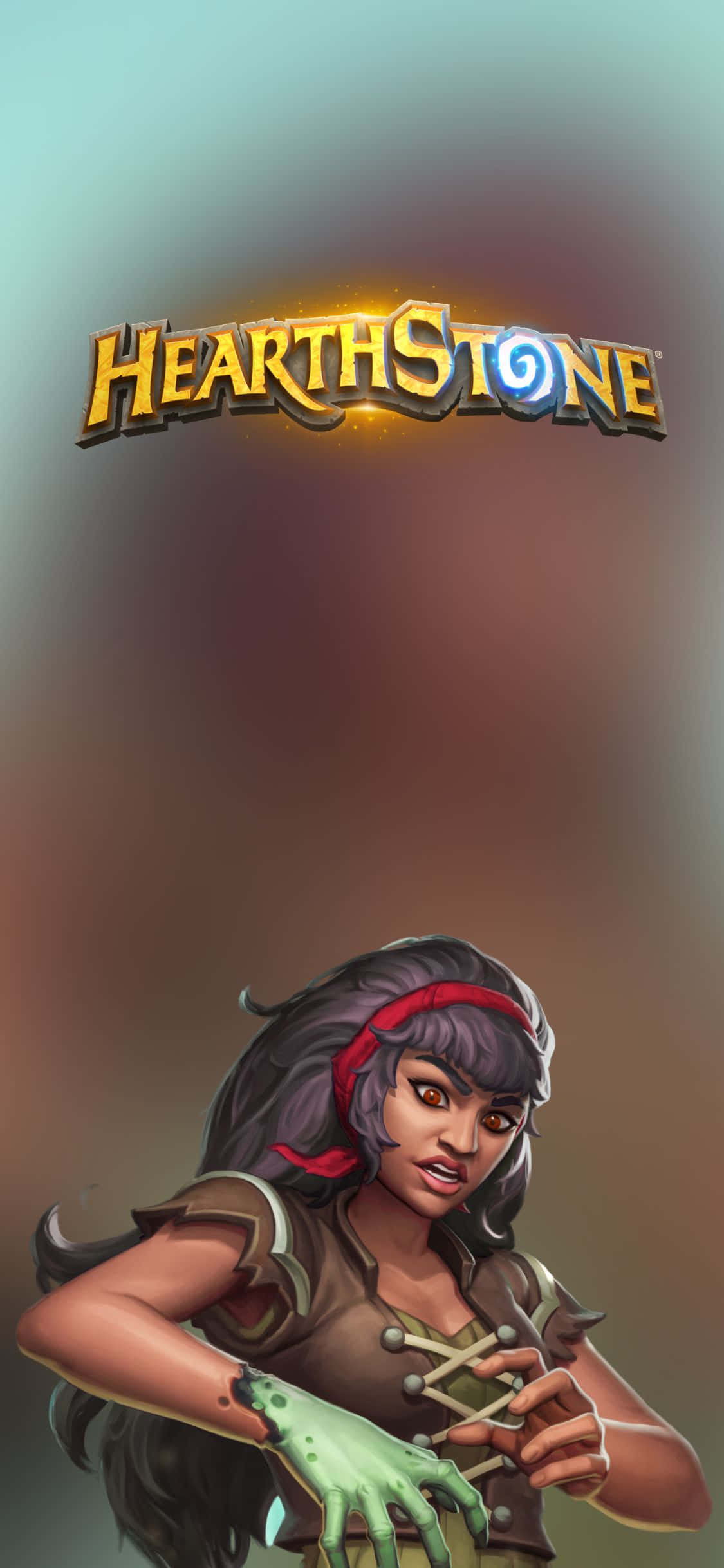 iPhone Xs Hearthstone 桌布 壁紙 — 一個風格化的爐石戰記角色，擁有綠色發光的手和紅色頭帶，背景為漸變色。