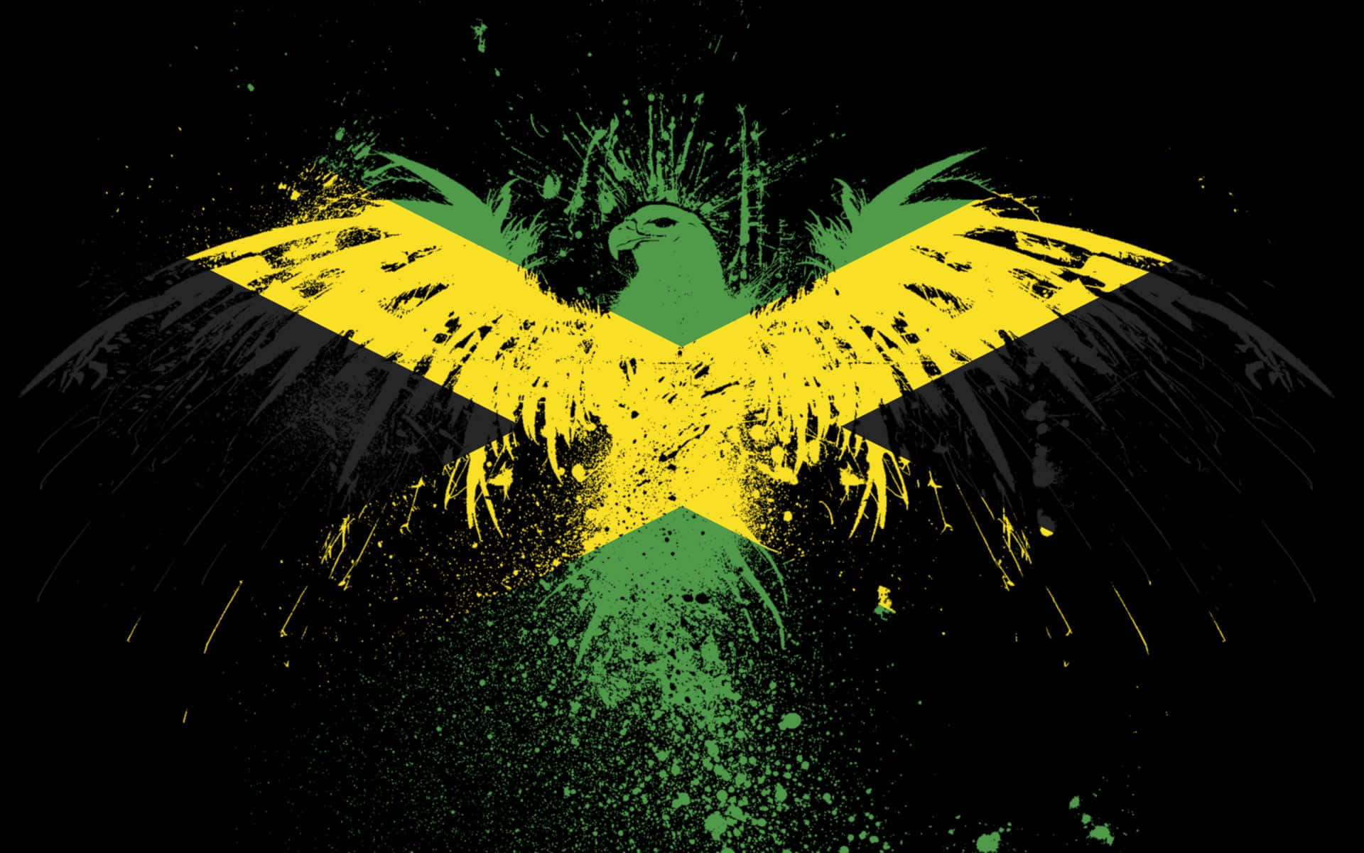 Jamaica 桌布 壁紙 — 一個風格化的牙買加國旗形成一隻兇猛的綠色鳥的翅膀，背景是黑色飛濺。