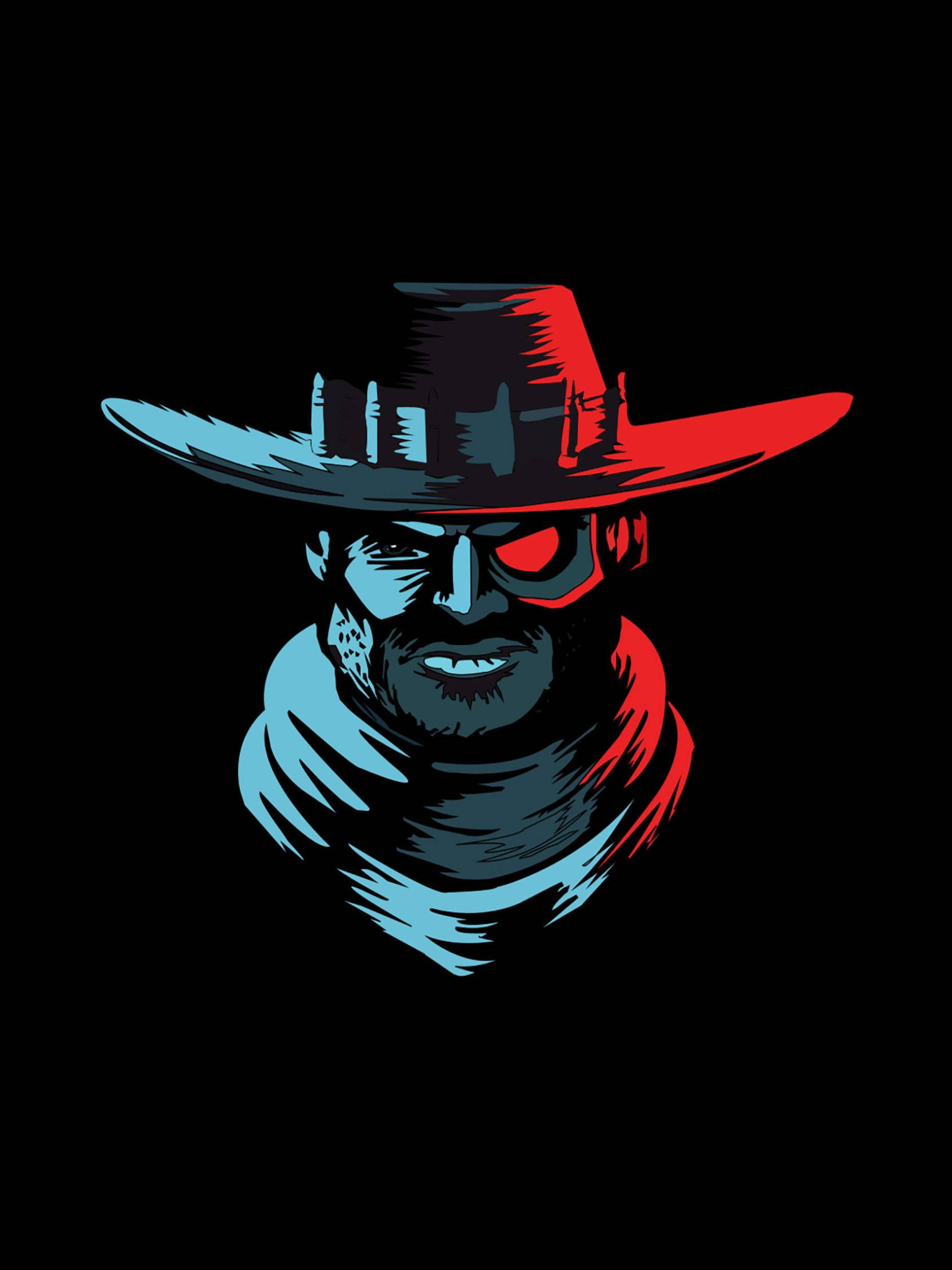 Cowboy 桌布 壁紙 — 一個風格化的牛仔，戴著紅色眼罩和雙色帽子，背景為黑色。