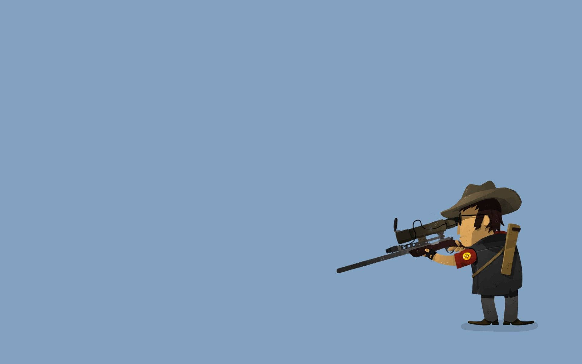 Tf2 桌布 壁紙 — 一個風格化的牛仔角色瞄準一支狙擊步槍，背景為純藍色。