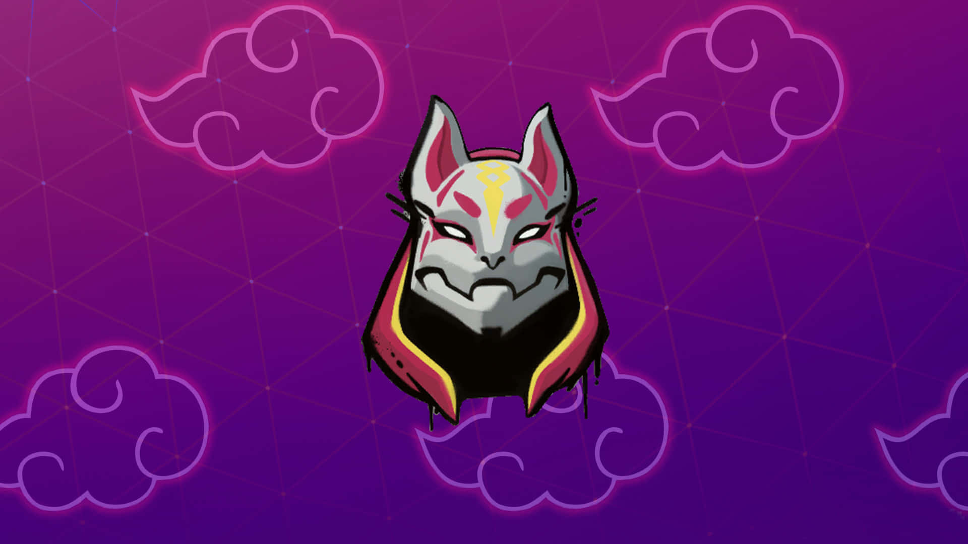 Fortnite Skins 桌布 壁紙 — 一個風格化的狐狸面具，帶有發光的眼睛和粉紅色點綴，漂浮在發光的雲朵中，背景是紫色網格。