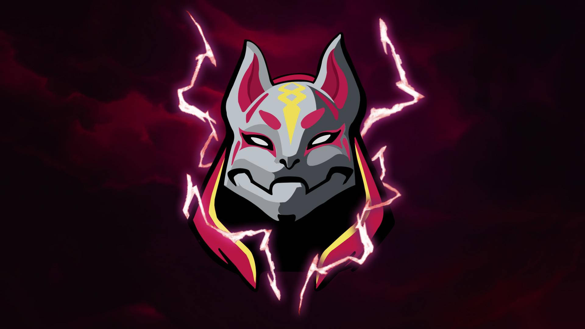 Drift 桌布 壁紙 — 一個風格化的狐狸面具，帶有發光的黃色標記和噼啪作響的粉紅色閃電，背景是深紅色的暴風雨天空。