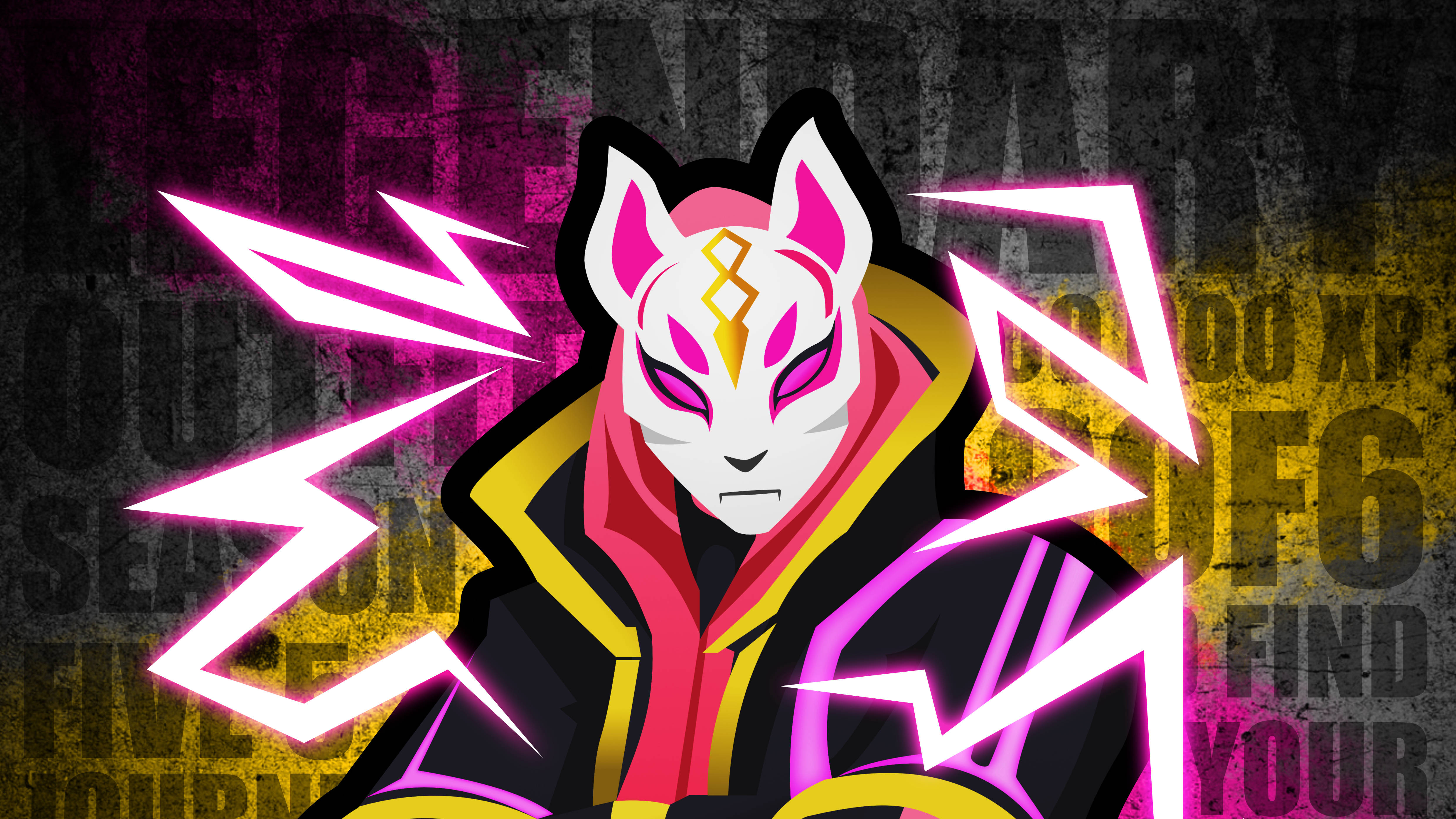 Drift 桌布 壁紙 — 一個風格化的狐狸面具動漫角色，穿著黑色和金色的連帽衫，在粗糙的塗鴉背景下散發出粉紅色閃電。