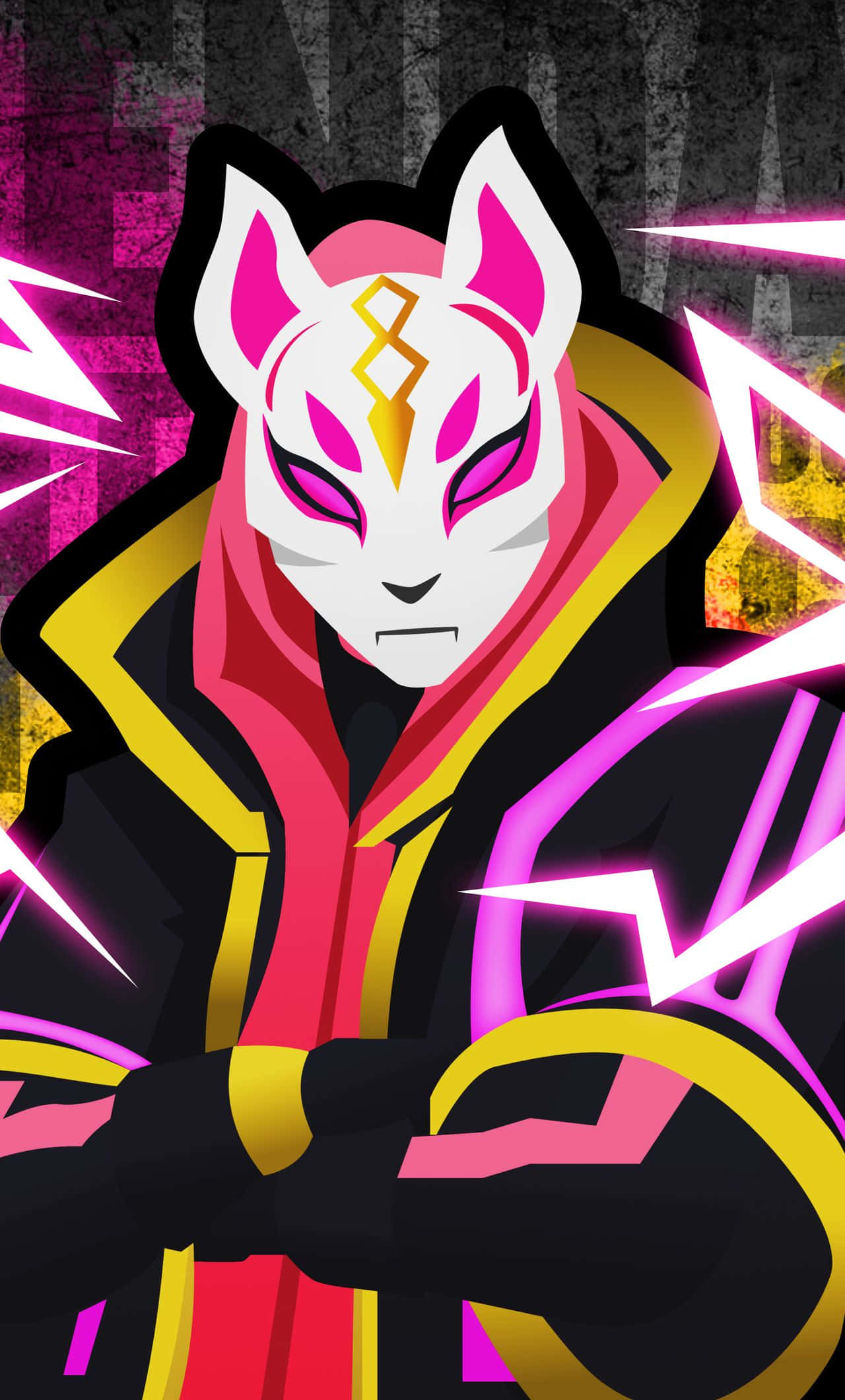 Fortnite Drift 桌布 壁紙 — 一個風格化的狐狸面具動漫角色，身穿帶有螢光粉紅和黃色點綴的黑色連帽衫，站在粗糙紋理的背景前。