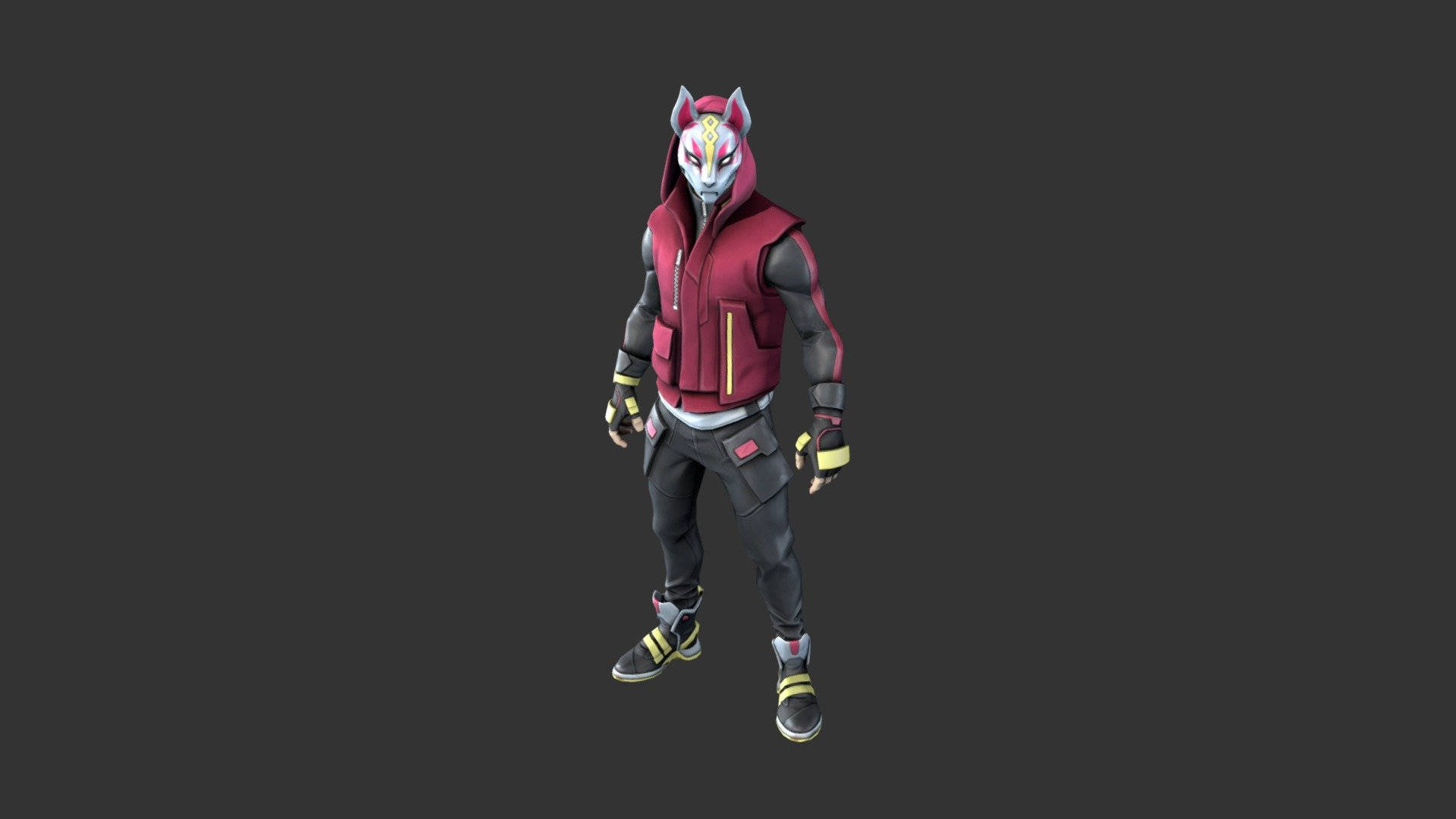 Drift 桌布 壁紙 — 一個風格化的狐狸面具角色，穿著紅色背心和黑色裝備，站在純深灰色背景前。