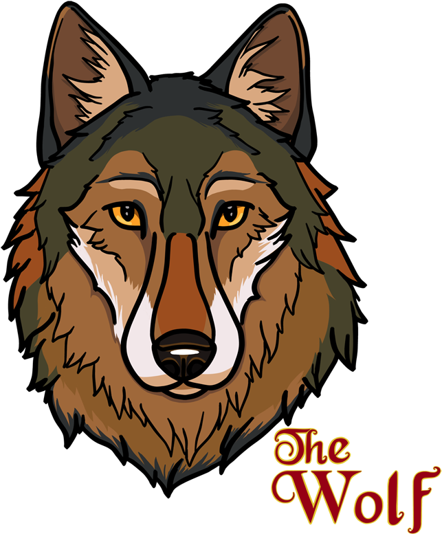 Wolf Logo 桌布 壁紙 — 一個風格化的狼臉插圖，帶有強烈的黃色眼睛和棕色皮毛，背景為黑色。
