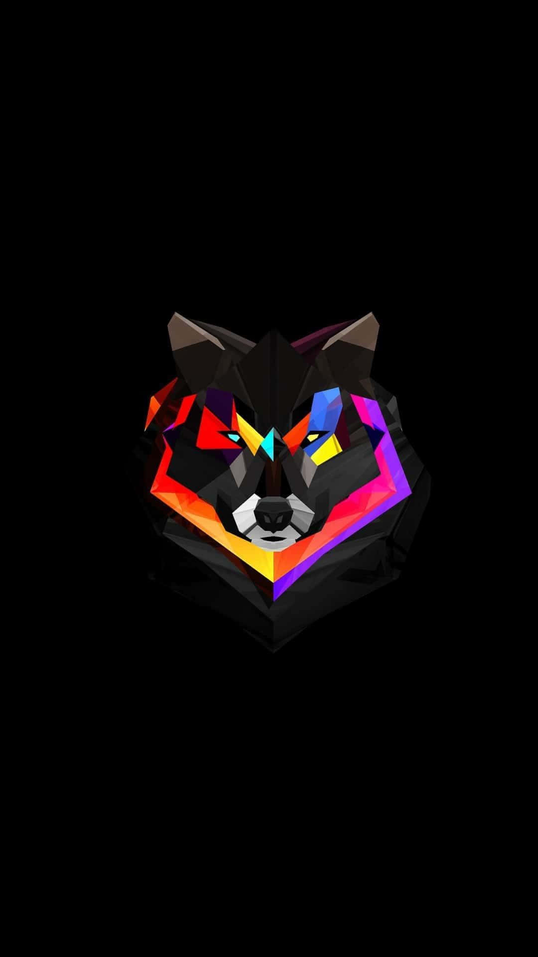 Wolf iPhone 桌布 壁紙 — 一個風格化的狼頭，帶有在黑色背景上發光的鮮豔幾何切面。
