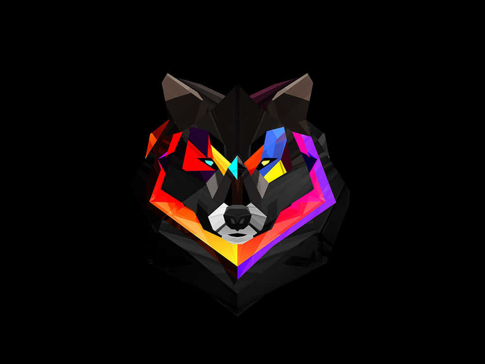 Minimalist HD Geometric Desktop 桌布 壁紙 — 一個風格化的狼頭，帶有紅色、藍色、黃色和紫色的鮮豔幾何切面，背景為黑色。