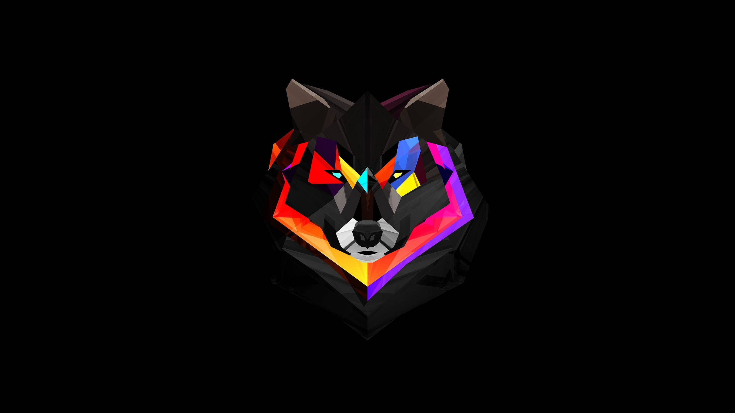 Polygon 桌布 壁紙 — 一個風格化的狼頭，帶有鮮豔的幾何色彩，背景為黑色。