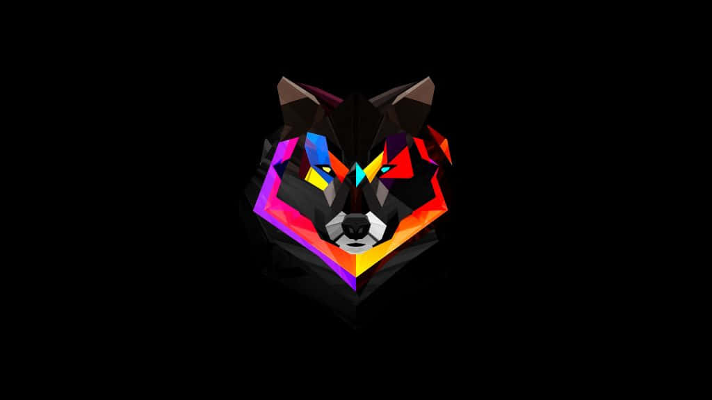 Rainbow Wolf 桌布 壁紙 — 一個風格化的狼頭，帶有鮮豔的幾何色彩，背景為黑色。