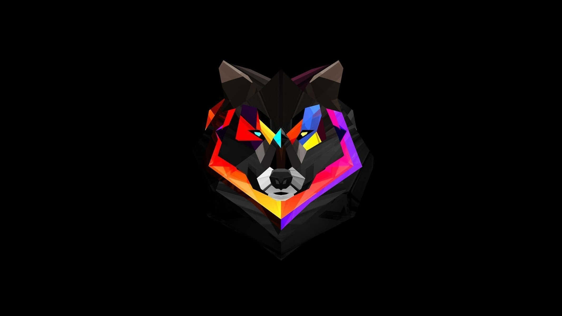 Wolf Minimalist 桌布 壁紙 — 一個風格化的狼頭，帶有鮮豔的幾何色彩，背景為黑色。