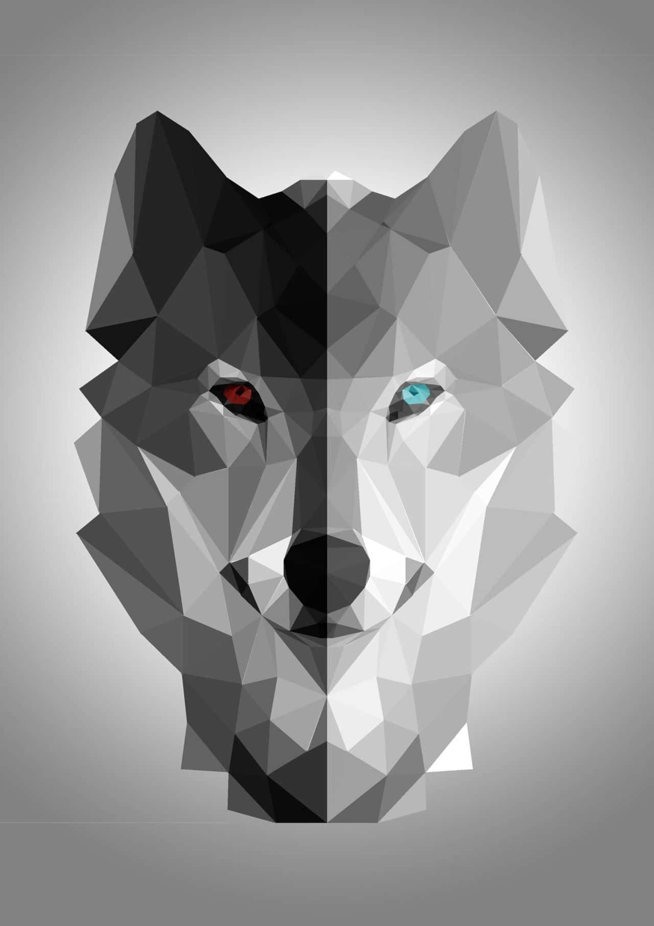 Wolf Minimalist 桌布 壁紙 — 一個風格化的狼頭，從中間一分為二，一側是深灰色，另一側是淺灰色，帶有對比鮮明的紅色和藍色眼睛。