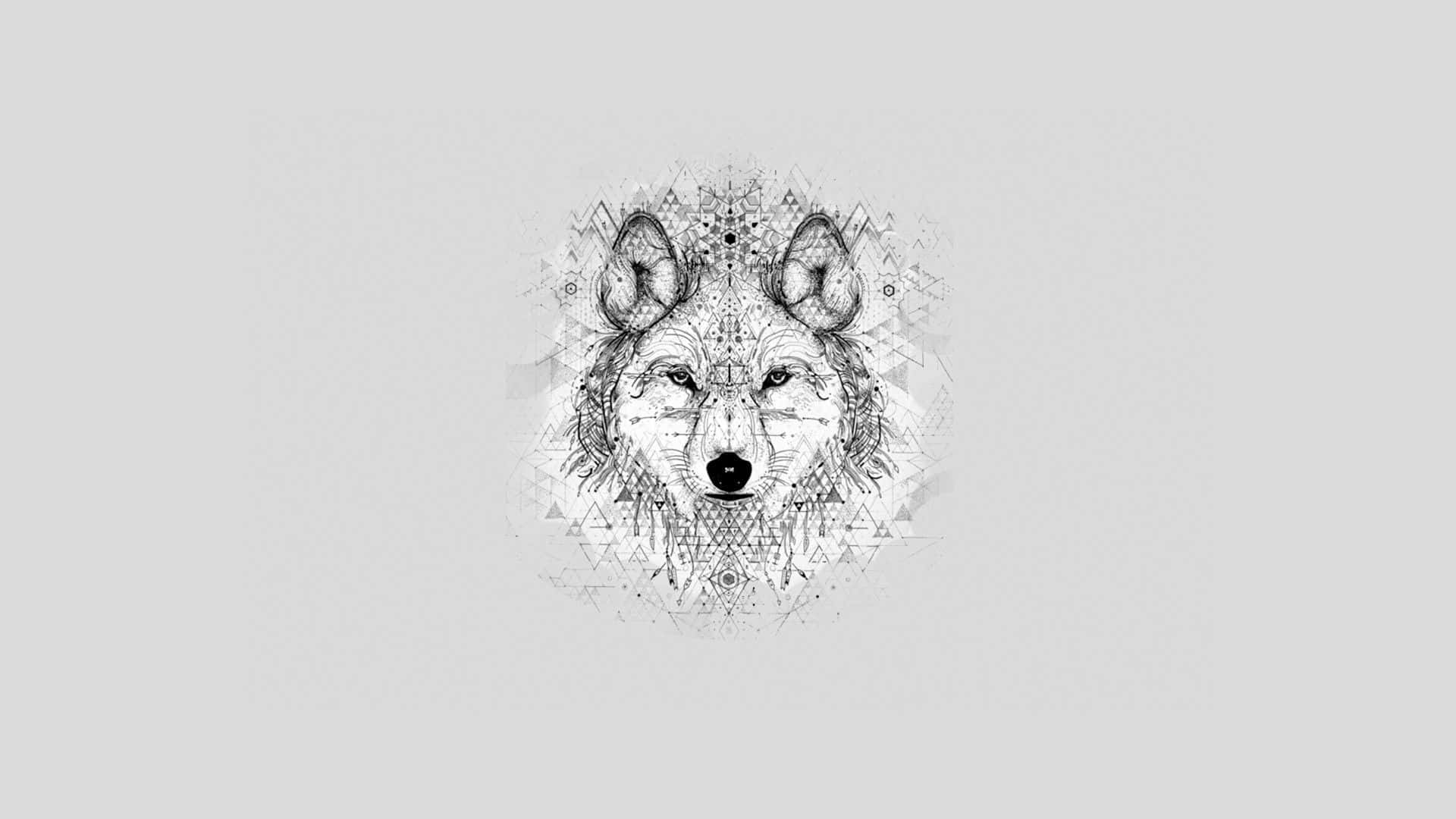 Wolf Minimalist 桌布 壁紙 — 一個風格化的狼頭，飾有複雜的幾何圖案和部落圖騰，採用單色調。