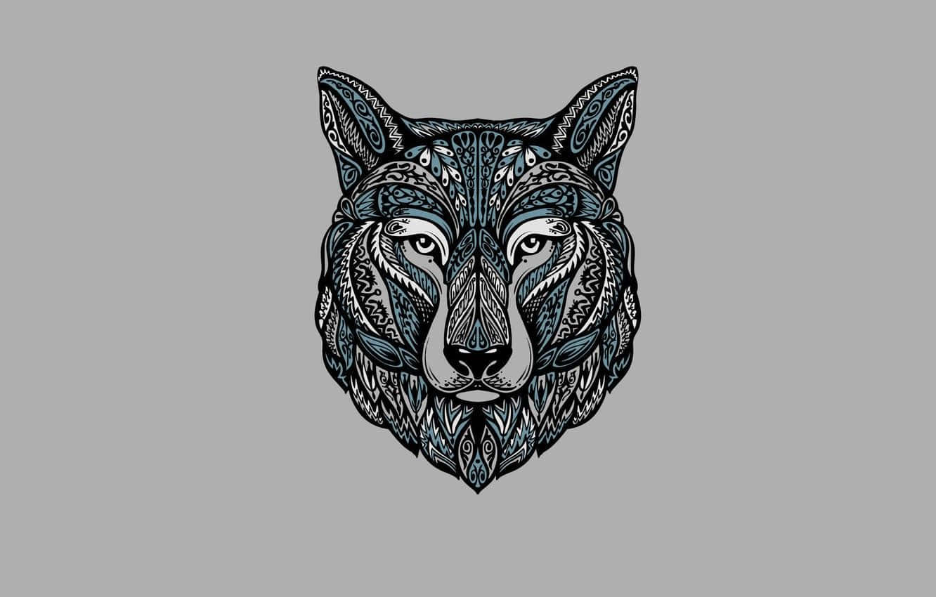 Wolf Minimalist 桌布 壁紙 — 一個風格化的狼頭，飾有複雜的藍色和黑色部落圖案，背景為純灰色。