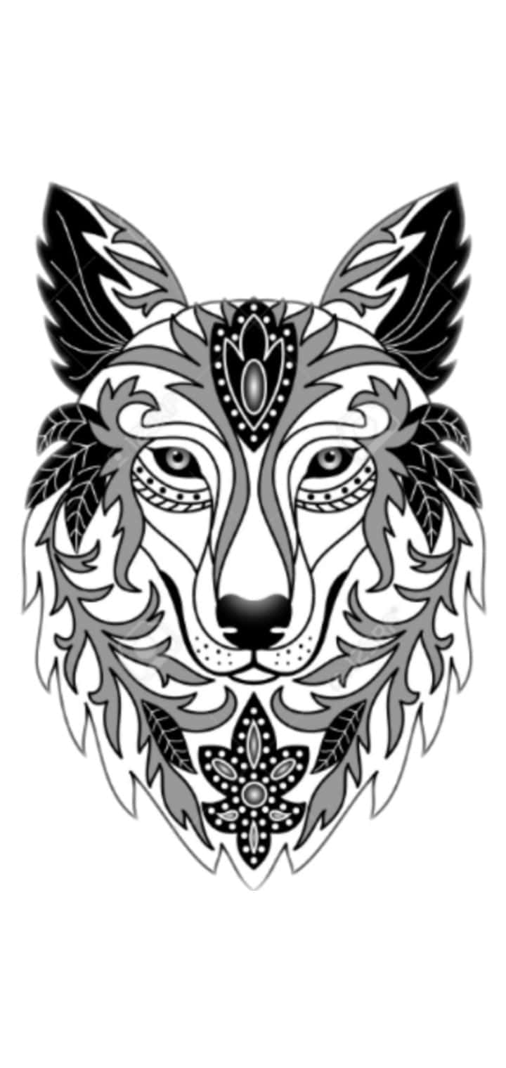 Wolf Tattoo 桌布 壁紙 — 一個風格化的狼頭，飾有黑白相間的複雜幾何和花卉圖案。