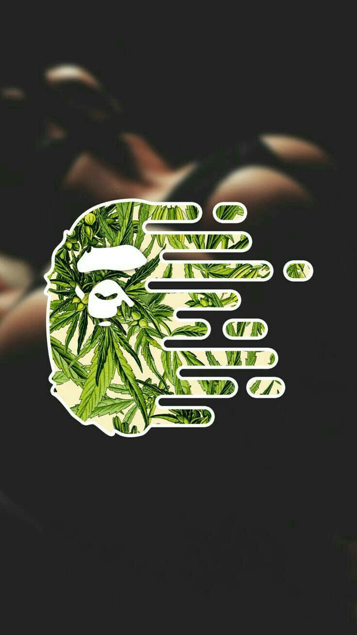桌布 壁紙 — 一個風格化的猿頭標誌，充滿大麻葉，在黑暗模糊的背景上延伸。