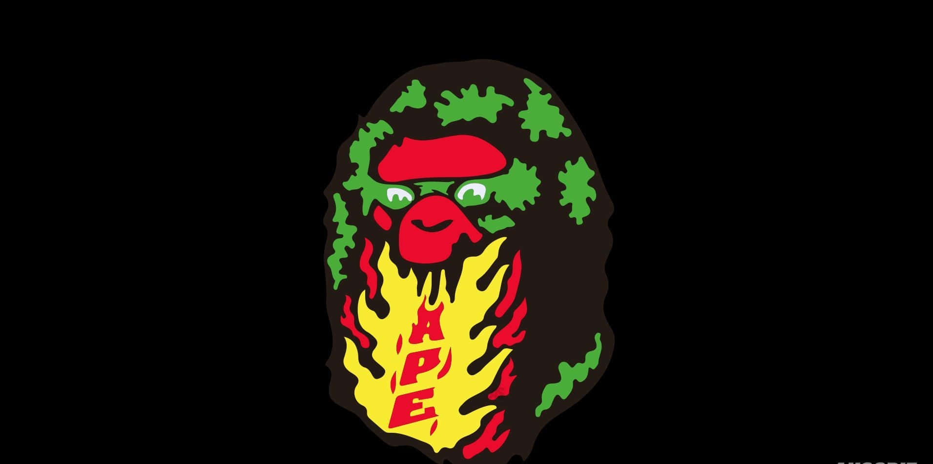 Bape 動態 桌布 壁紙 — 一個風格化的猿頭標誌，帶有綠色樹葉、紅色臉龐和黃色火焰文字，背景為黑色。