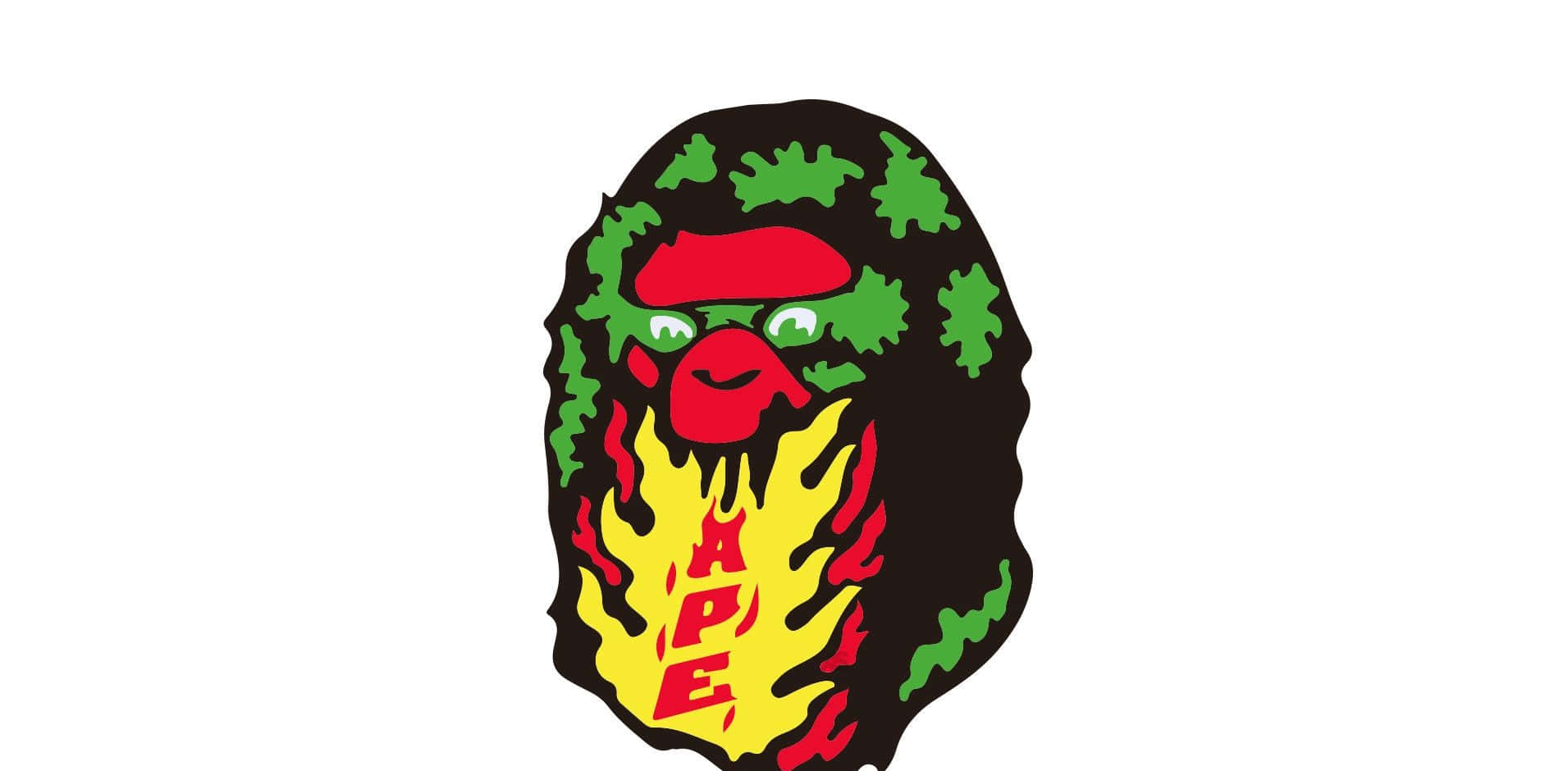 Bape 動態 桌布 壁紙 — 一個風格化的猿頭標誌，帶有綠色迷彩頭髮、紅色臉龐和黃色火焰鬍鬚，並以紅色顯示「ape」一詞。