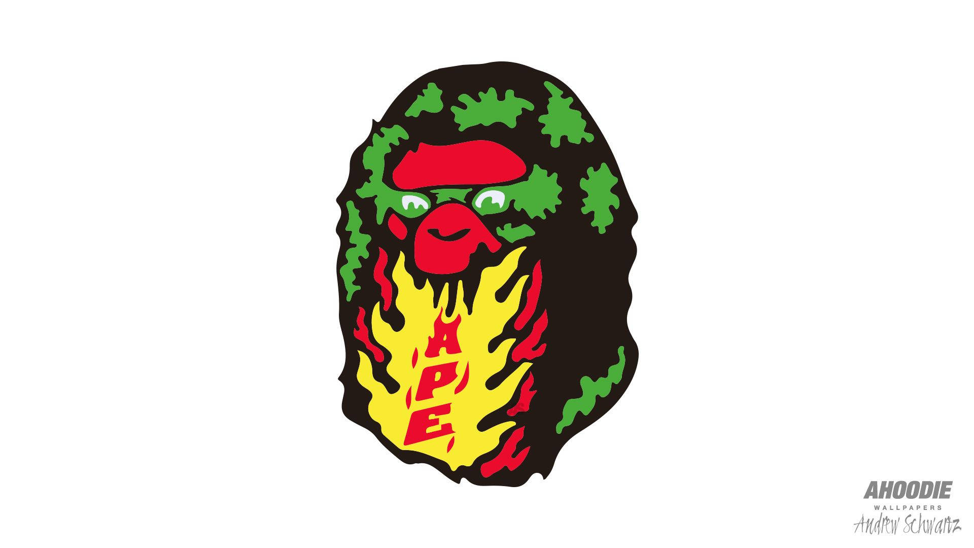Bape 動態 桌布 壁紙 — 一個風格化的猿頭標誌，帶有綠色迷彩頭髮、紅色太陽眼鏡和黃色火焰鬍鬚，並以紅色字體顯示APE字樣。