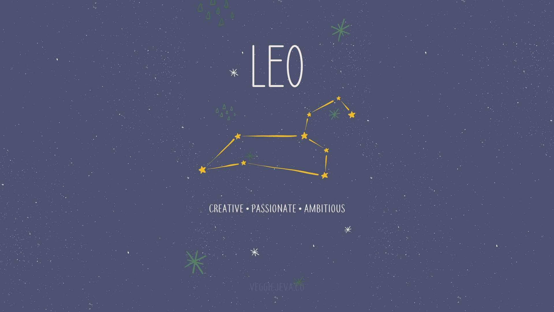 Leo 桌布 壁紙 — 一個風格化的獅子座星座插圖，以黃色線條和星星點綴在深紫色星空背景上。