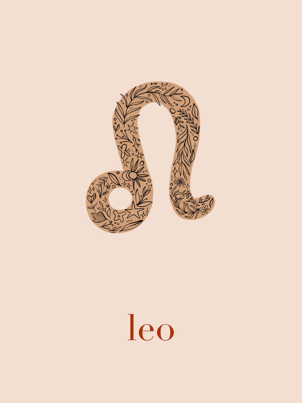 Leo 桌布 壁紙 — 一個風格化的獅子座星座符號，飾有花卉和星星圖案，背景為柔和的米色。