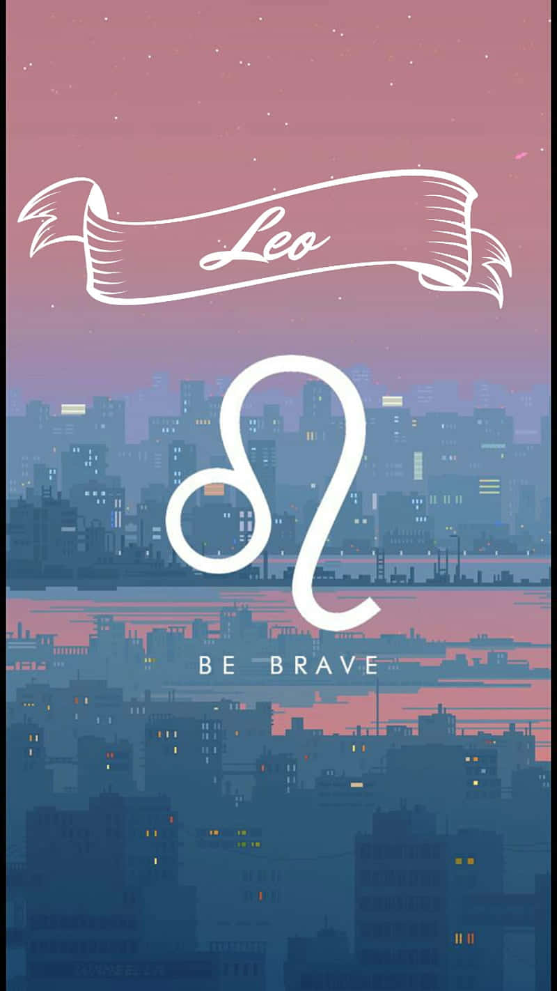 Leo Aesthetic 桌布 壁紙 — 一個風格化的獅子座符號漂浮在暮色城市景觀之上，有發光的窗戶和粉紫色的天空。