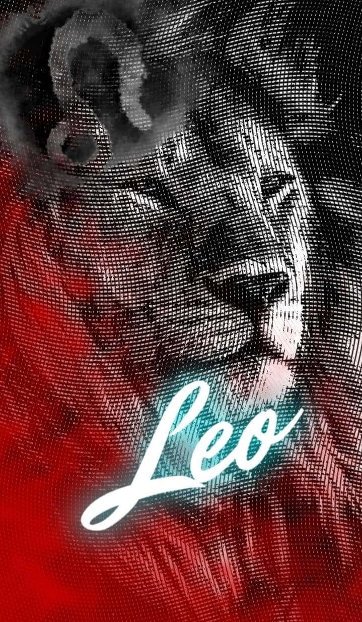 Leo Zodiac 桌布 壁紙 — 一個風格化的獅子臉，以半色調點構成，帶有發光的「Leo」文字，背景為鮮紅色。