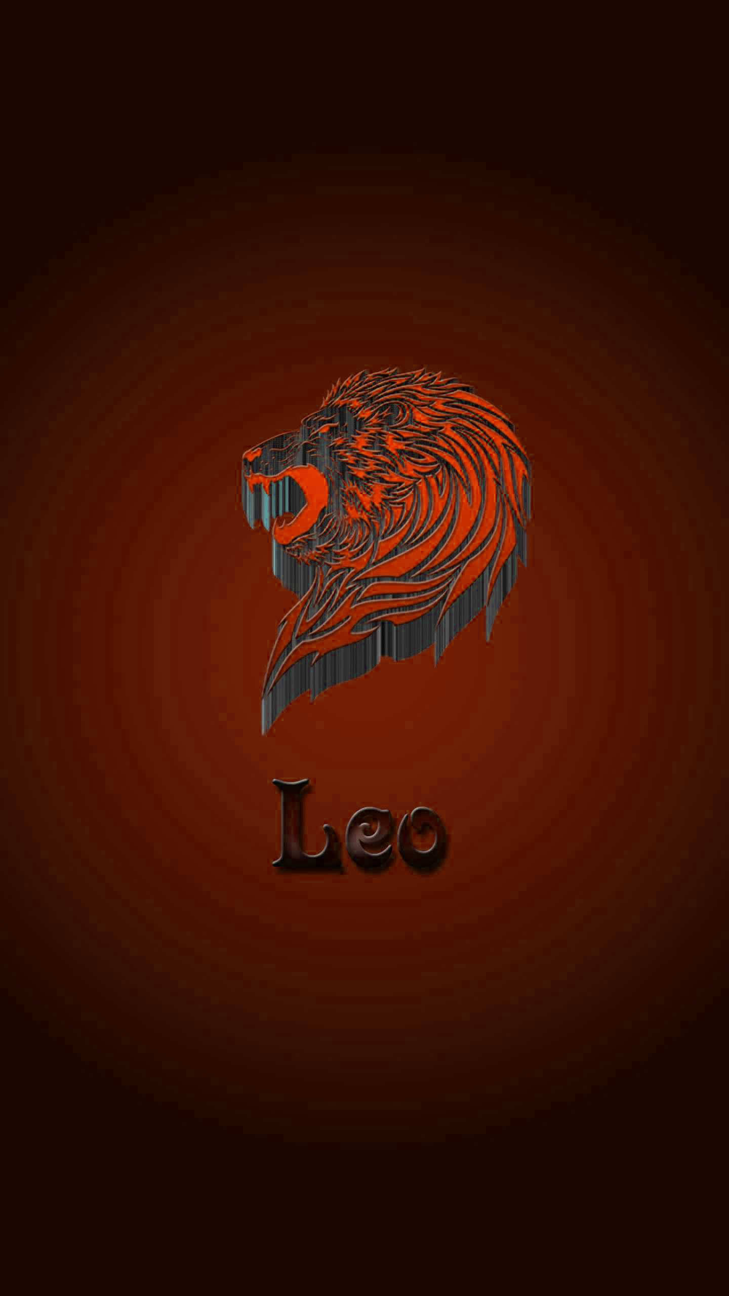Leo 桌布 壁紙 — 一個風格化的獅子頭，以火橙色和深灰色呈現，背景為紅色漸變，下方有「Leo」字樣。