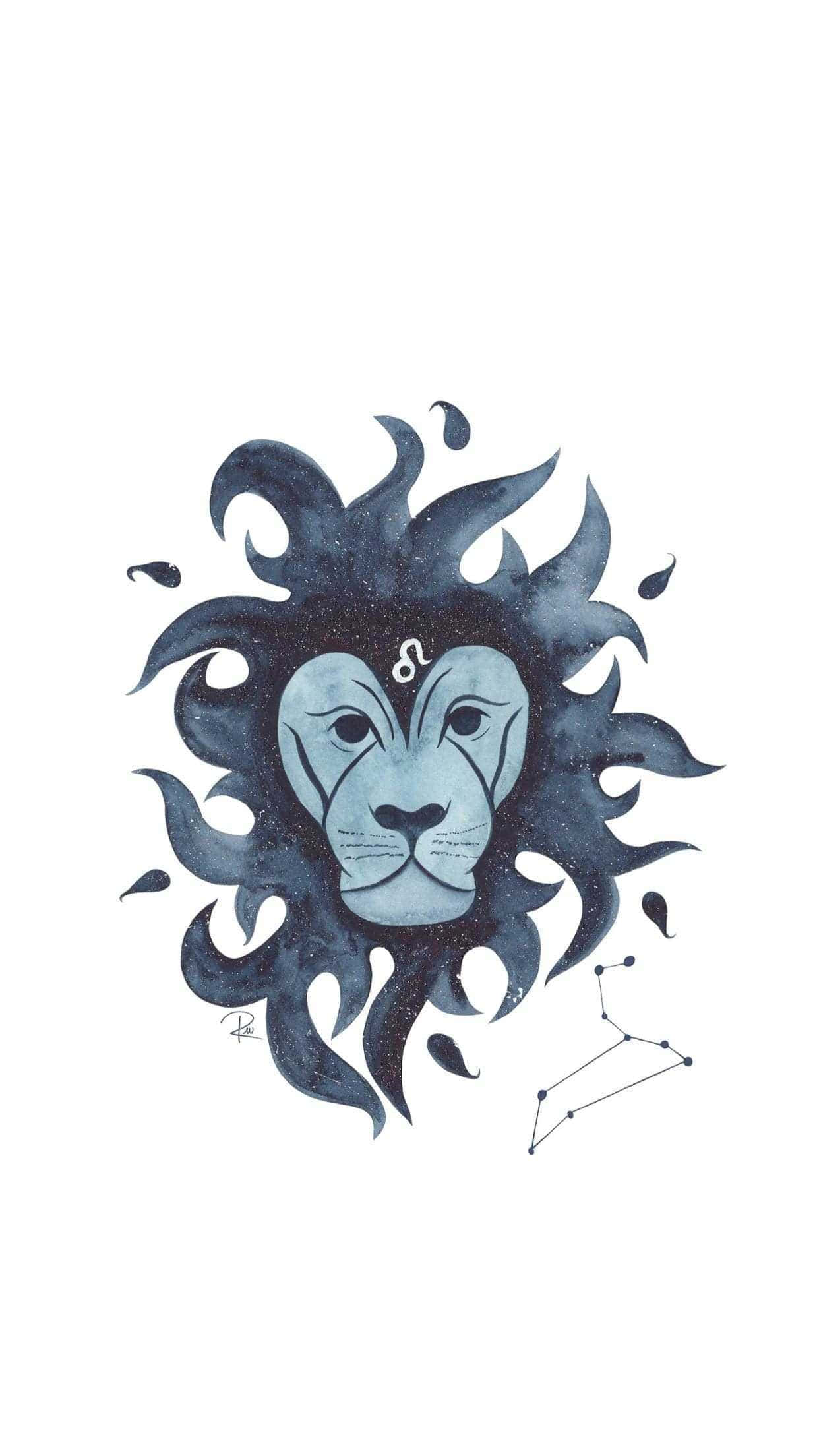 Leo 桌布 壁紙 — 一個風格化的獅子頭，帶有宇宙鬃毛和獅子座星座符號，以水彩藍色和黑色呈現。
