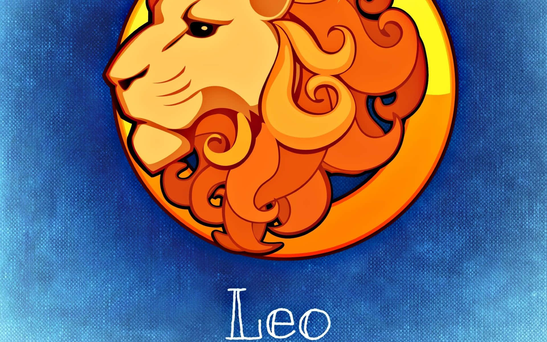 Leo 桌布 壁紙 — 一個風格化的獅子頭，帶有流動的橙色鬃毛，置於有紋理的藍色背景上，下方有「Leo」字樣。