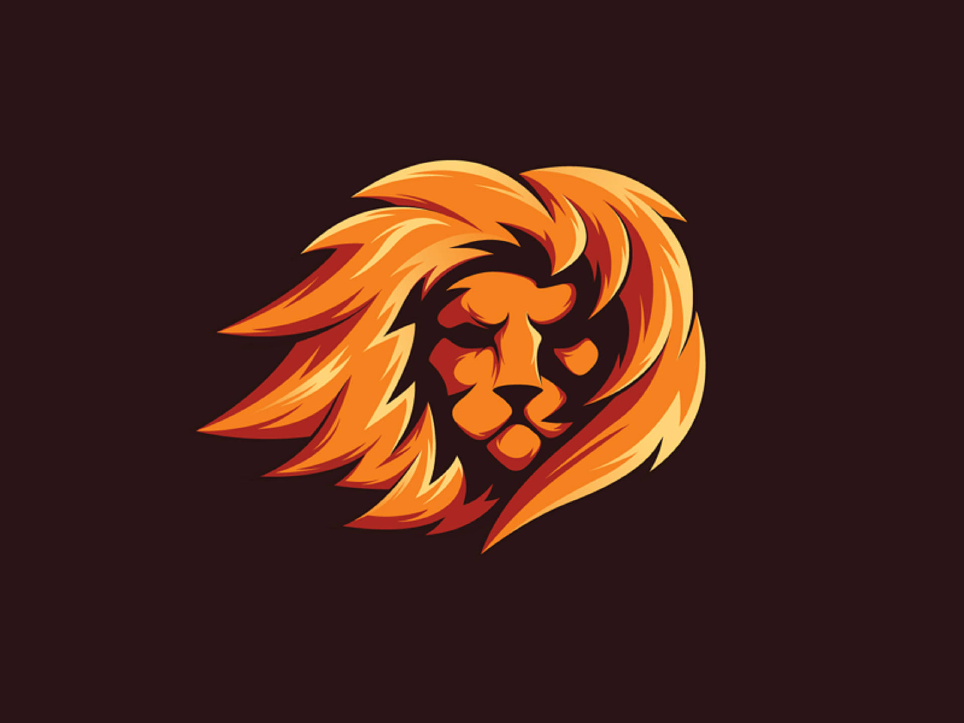 Lion Head 桌布 壁紙 — 一個風格化的獅子頭，帶有火焰般的橙色鬃毛，背景為深棕色。