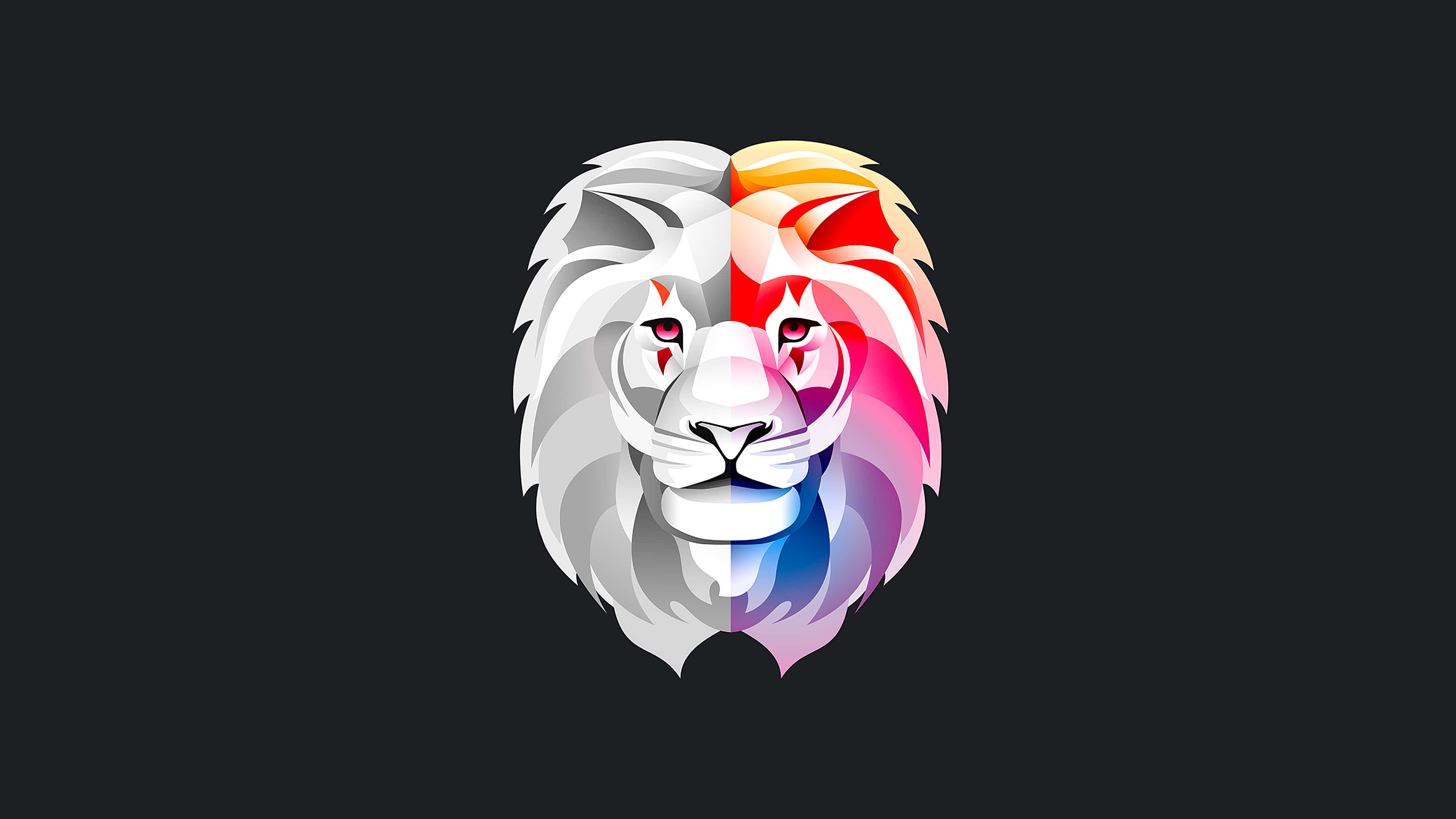 Minimalist Colorful 桌布 壁紙 — 一個風格化的獅子頭，從中間一分為二，一半是單色，另一半是鮮豔的彩虹色，背景為深色。