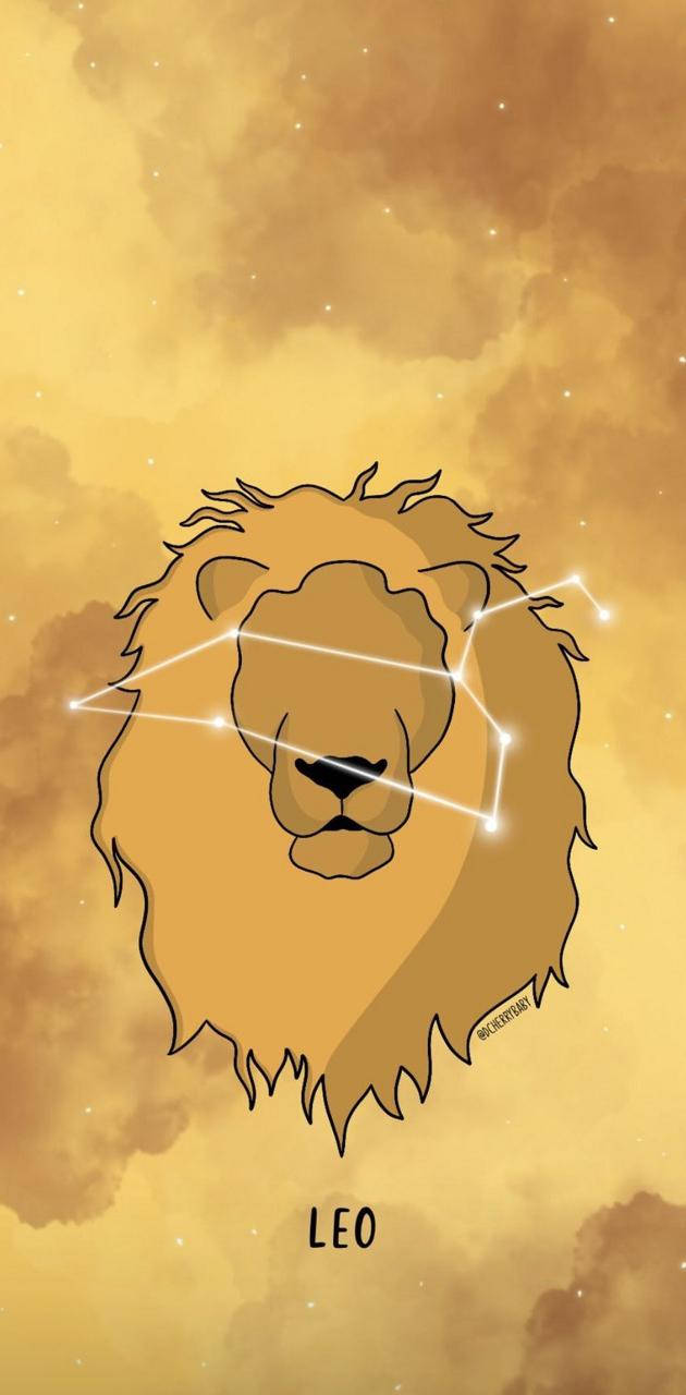 Leo 桌布 壁紙 — 一個風格化的獅子頭，星座線在金色多雲的星空下發光。