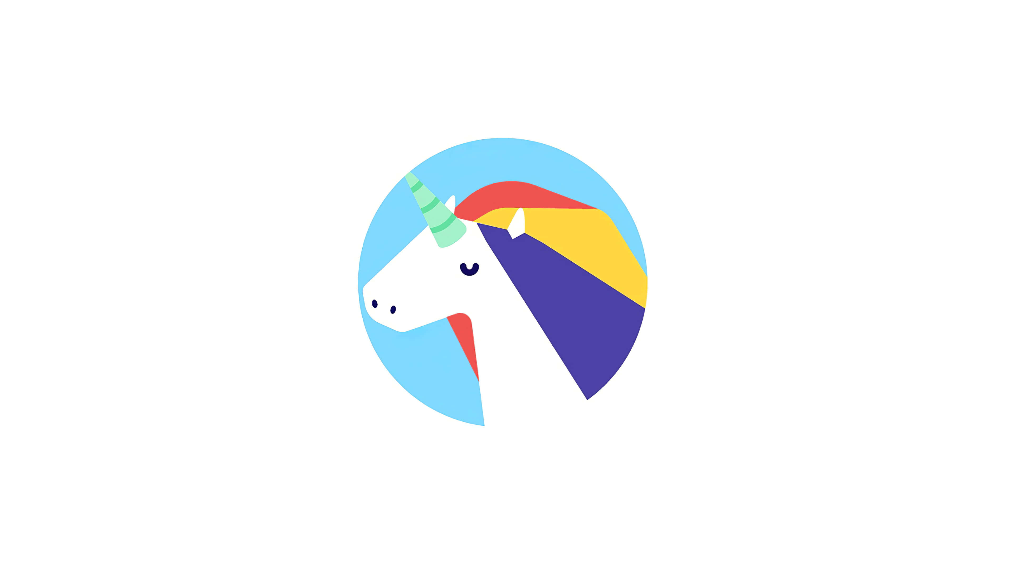 Cute Unicorn 桌布 壁紙 — 一個風格化的獨角獸頭部，帶有彩虹鬃毛和綠色角，置於淺藍色圓形背景上。